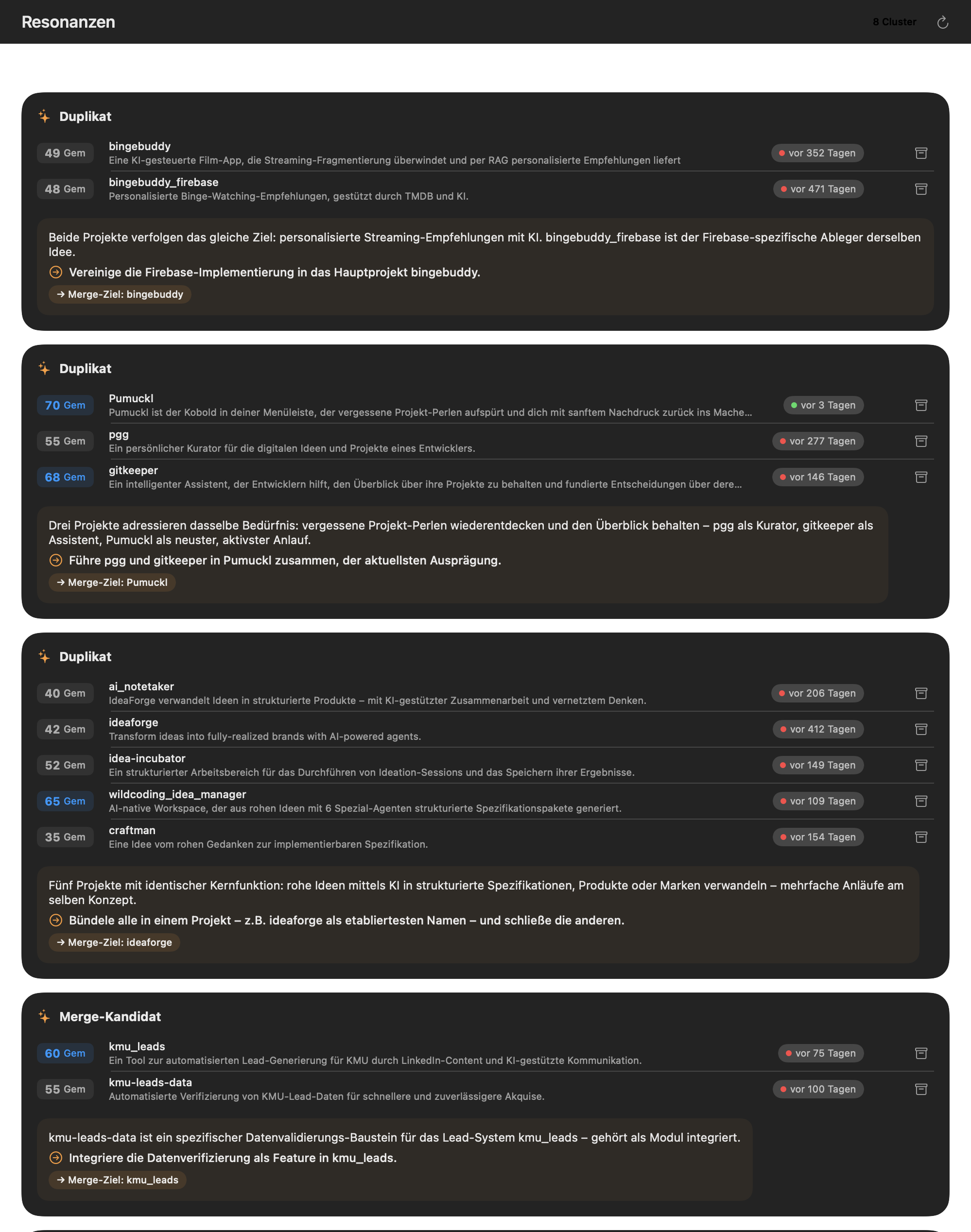 Klabauter Resonanz-Dashboard: semantische Duplikate und Merge-Kandidaten